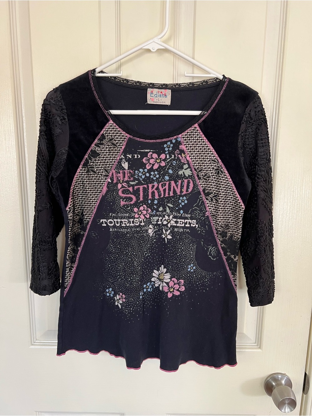 Vintage Y2K Edista The Strand Floral Lace Velvet Top Made USA L